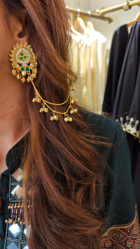 Kashmiri Style Golden Earrings with Ghungroo Ear Chain
