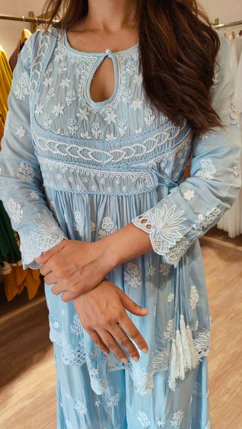 Blue Angrakha Hand Embroidered Lucknowi Set