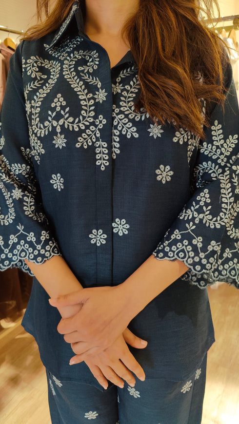 Schiffli Embroidered Blue Shirt Coord Set