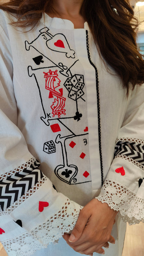 White Kurta Set with Card Embroidery and Blue Pants