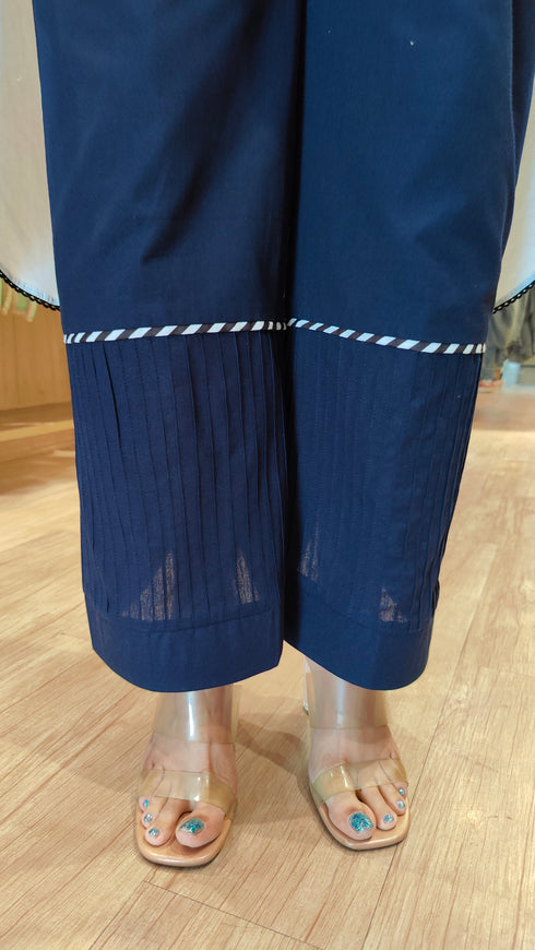 White Kurta Set with Card Embroidery and Blue Pants