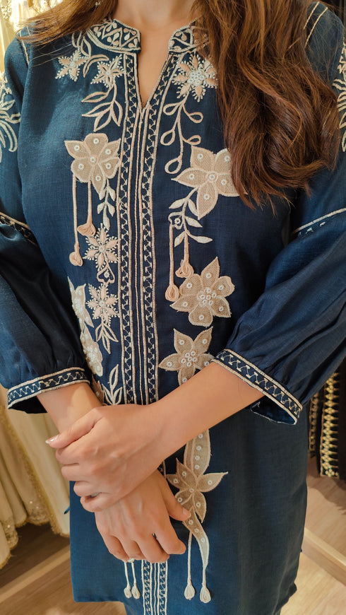 Deep Navy Kurta Set with Fabric Applique & Pearl Hand Embroidery