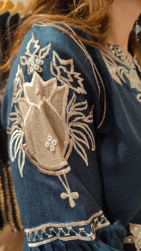 Deep Navy Kurta Set with Fabric Applique & Pearl Hand Embroidery