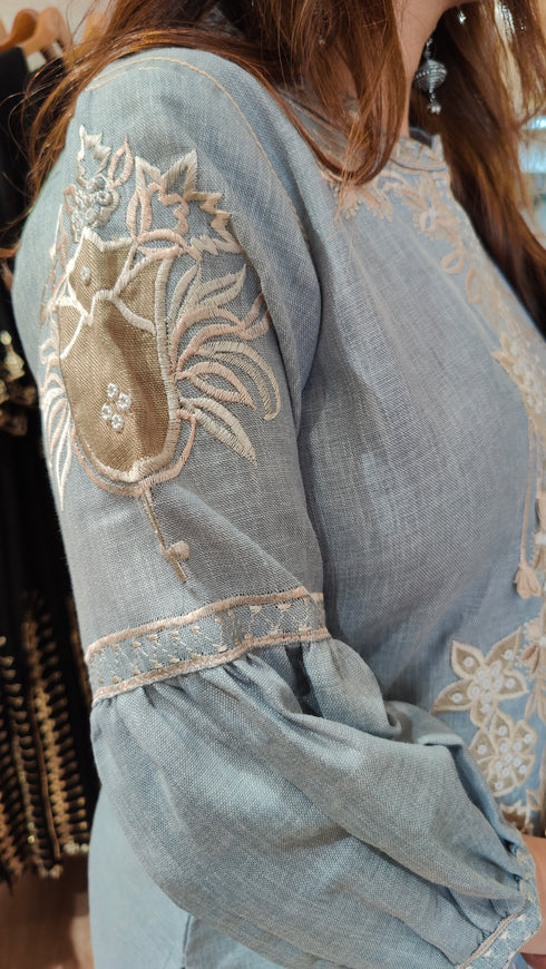 Blue Grey Kurta Set with Fabric Applique & Pearl Hand Embroidery