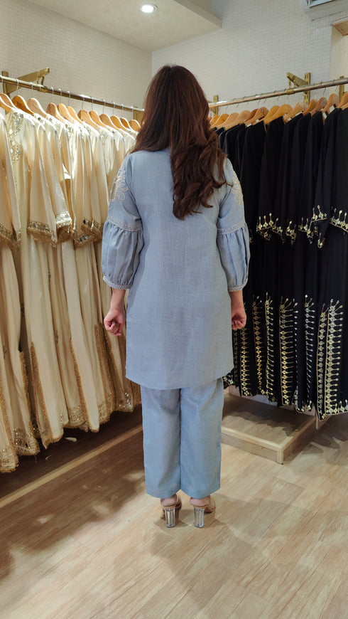 Blue Grey Kurta Set with Fabric Applique & Pearl Hand Embroidery