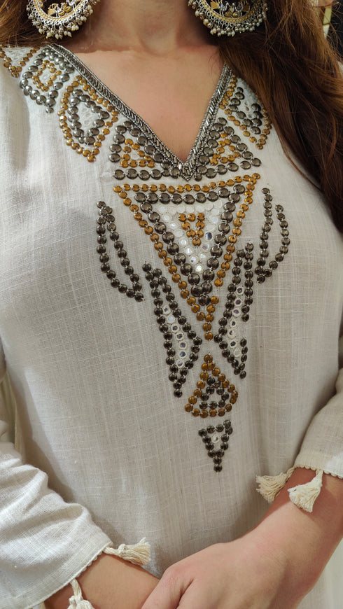 Ivory Metallic Embroidered High-Low Kurta Pant Set with Tassels