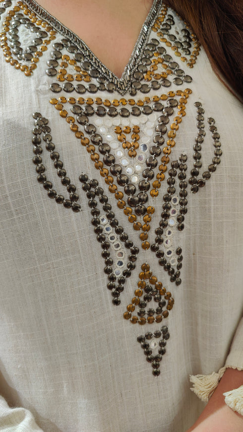 Ivory Metallic Embroidered High-Low Kurta Pant Set with Tassels