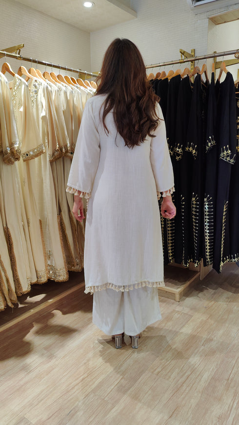 Ivory Metallic Embroidered High-Low Kurta Pant Set with Tassels