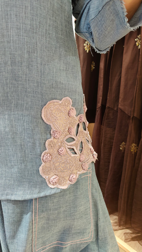 Light Denim Look Embroidered Drape Skirt Set