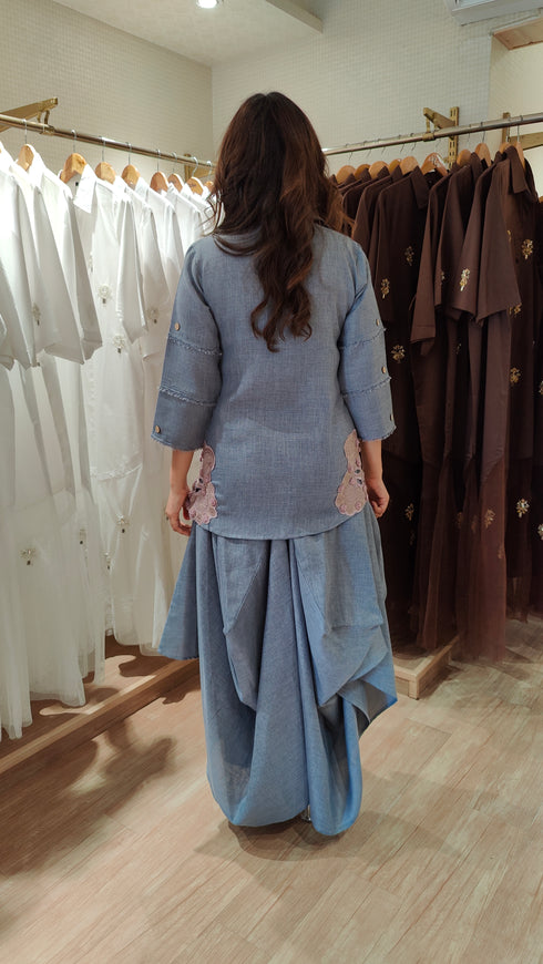 Light Denim Look Embroidered Drape Skirt Set
