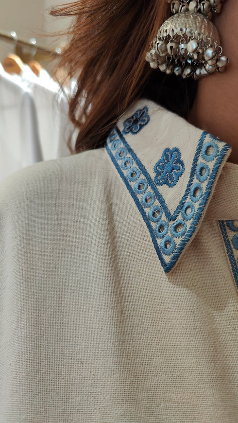 Ivory & Pastel Blue Embroidered Cutwork Coord Set