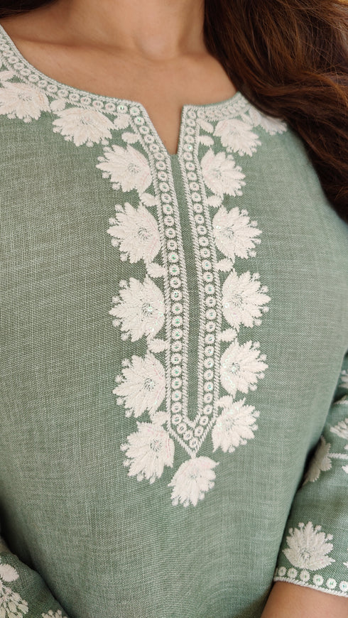 Sage Green Floral Embroidered Farshi Set