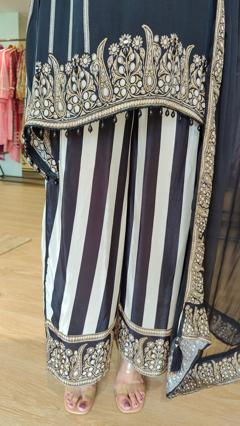 Black And White Striped Sharara Set