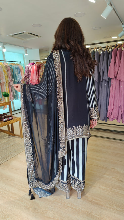 Black And White Striped Sharara Set