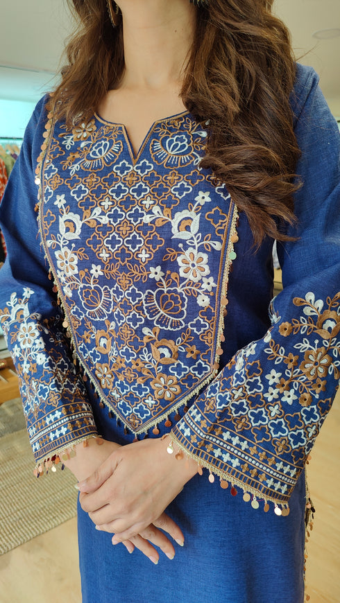 Indigo Blue Embroidered Kurta Set with Tassel