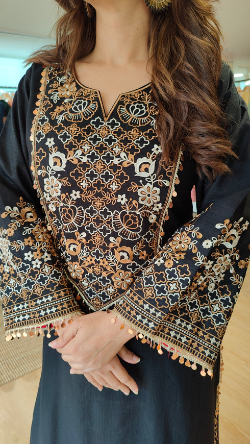 Jet Black Embroidered Kurta Set with Tassel