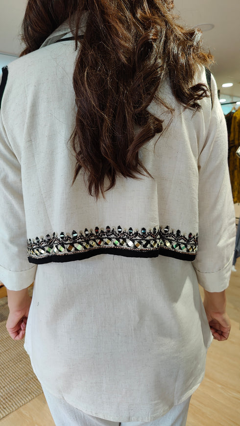 Off-White 3-Piece Coord Set with Embroidered Koti Jacket