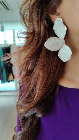 Ivory Flower Petal Cluster Earrings with Gold Trim