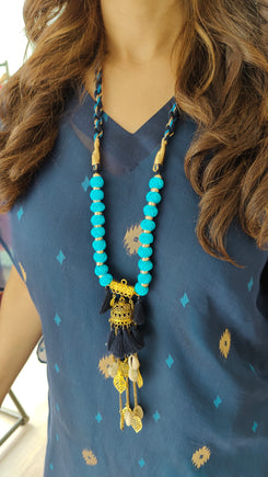 Deep Blue Banarasi Jamdani 4 piece Kaftan Coord Set with Camisole & Neckpiece