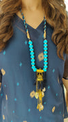 Deep Blue Banarasi Jamdani 4 piece Kaftan Coord Set with Camisole & Neckpiece