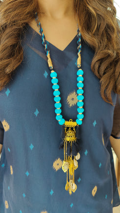 Deep Blue Banarasi Jamdani 4 piece Kaftan Coord Set with Camisole & Neckpiece