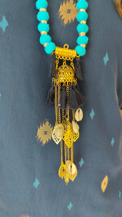 Deep Blue Banarasi Jamdani 4 piece Kaftan Coord Set with Camisole & Neckpiece