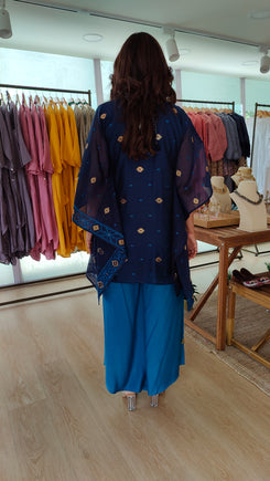 Deep Blue Banarasi Jamdani 4 piece Kaftan Coord Set with Camisole & Neckpiece