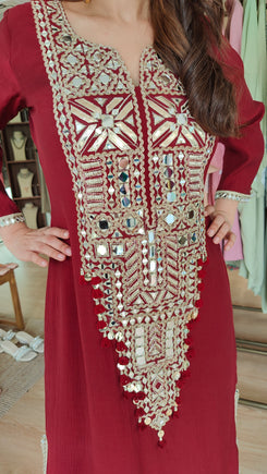 Maroon Long Yoke Kaftan Dress