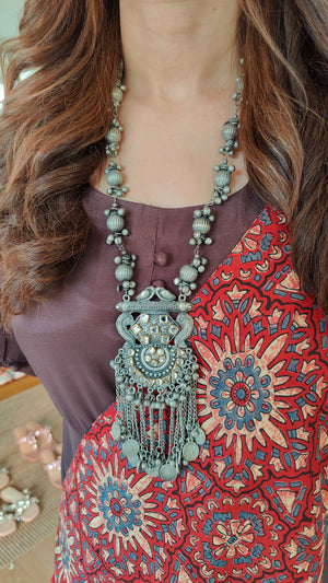 Oxidised Pendant Necklace with Chain Tassels