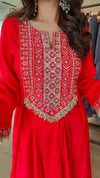 Red Drape Skirt Set with Embroidered High-Low Top