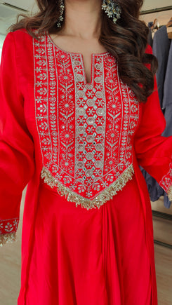 Red Drape Skirt Set with Embroidered High-Low Top