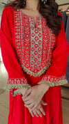 Red Drape Skirt Set with Embroidered High-Low Top