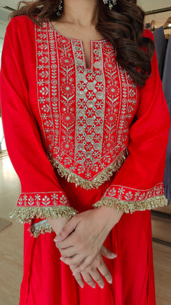 Red Drape Skirt Set with Embroidered High-Low Top