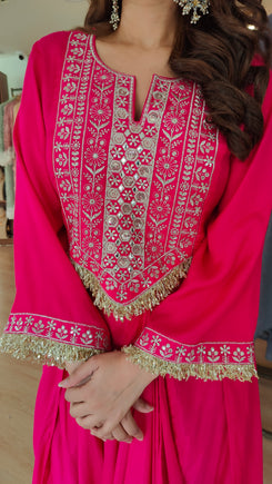 Pink Drape Skirt Set with Embroidered High-Low Top