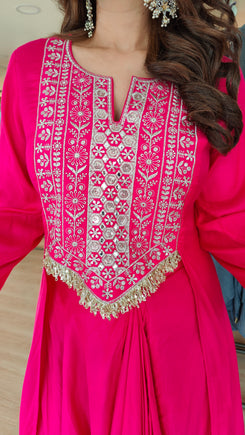 Pink Drape Skirt Set with Embroidered High-Low Top