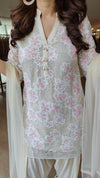 Cream Pink Sequin Cutwork Farshi Dupatta Set