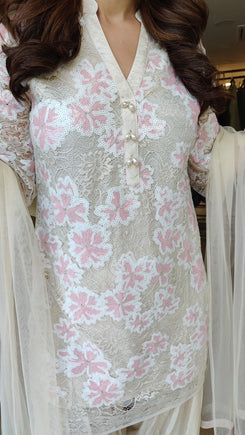 Cream Pink Sequin Cutwork Farshi Dupatta Set