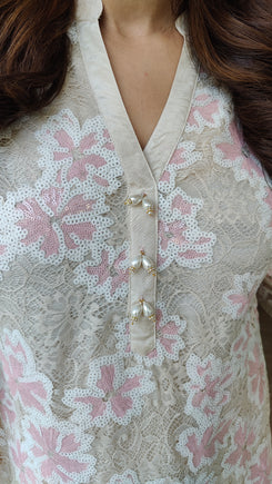 Cream Pink Sequin Cutwork Farshi Dupatta Set