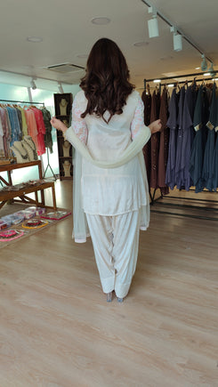 Cream Pink Sequin Cutwork Farshi Dupatta Set