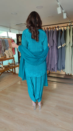 Teal Blue Bandhini Dhoti Set