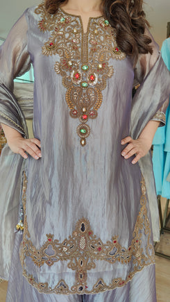 Metallic Purplish Grey 3-Piece Sharara Set