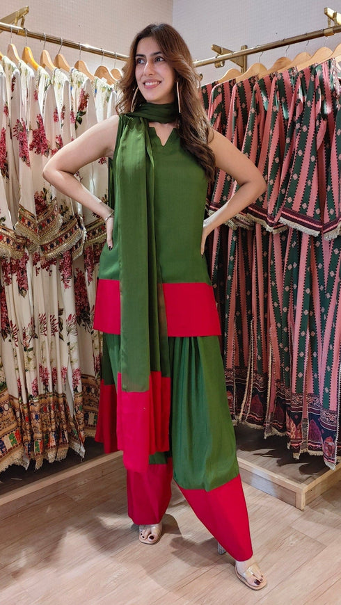 Maroon Green Organza Duppatta Farshi Set