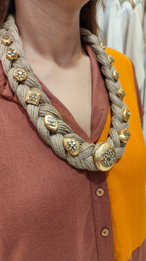 Braided Jute Necklace with Gold Accents