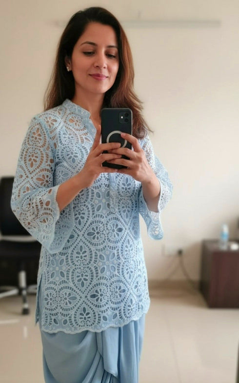 Blue Cutwork Kurta with Dhoti and Singlet