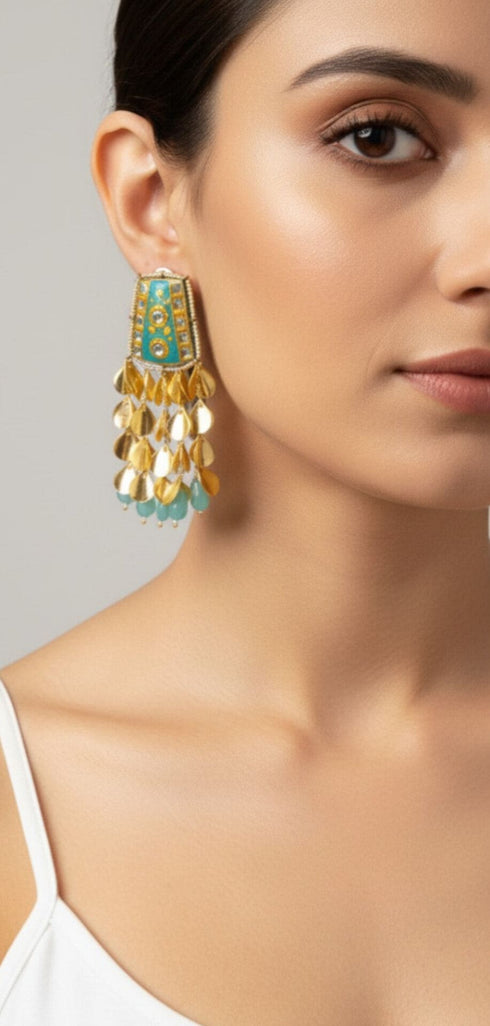 Turquoise Golden Leaf Dangler Earrings