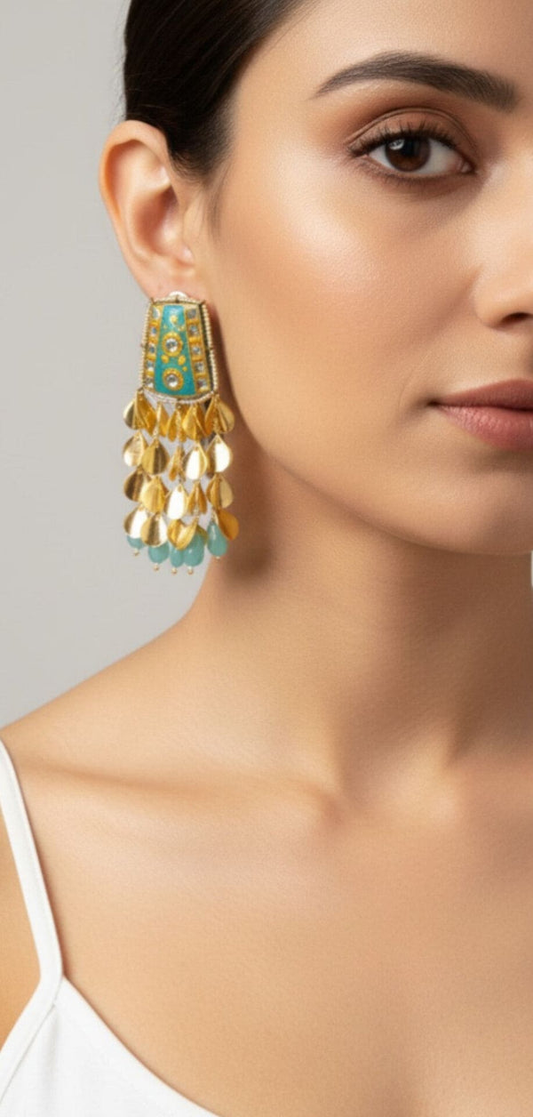 Turquoise Golden Leaf Dangler Earrings