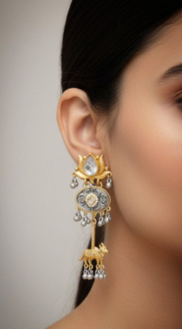 Dual-Tone Cow Motif Earrings with Lotus Studs