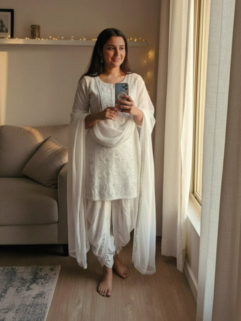 White Chikan Set With Duppatta