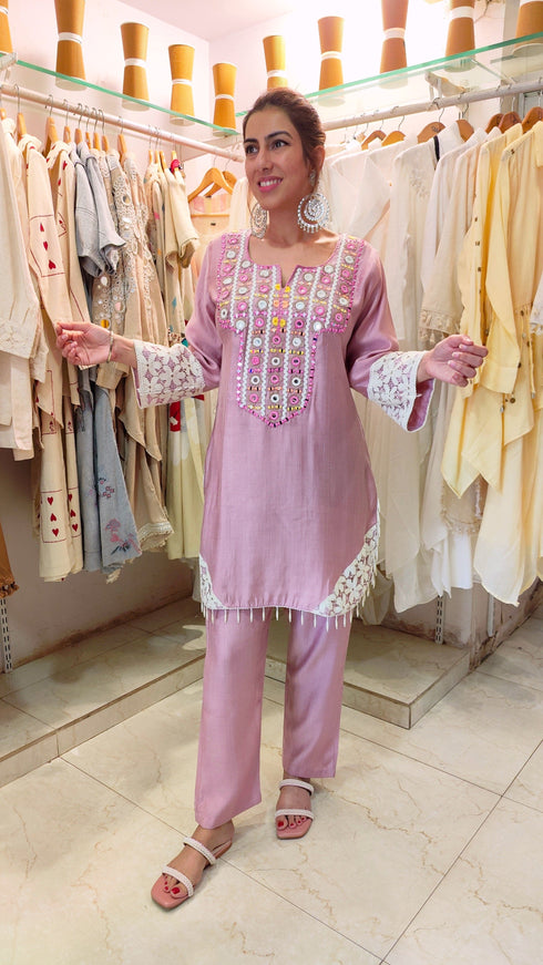 Pastel Pink Mirror Embroidered Kurta Set with Lace Detailing