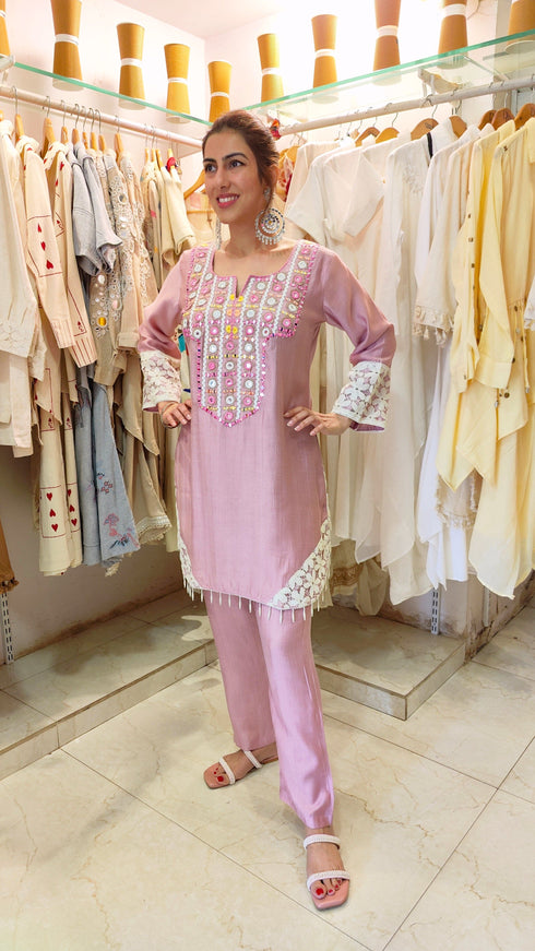 Pastel Pink Mirror Embroidered Kurta Set with Lace Detailing